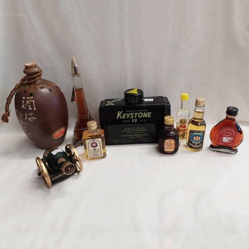 2087 - VARIOUS MINIATURES, ETC INCLUDING BLAIR ATHOLL 8 YEAR OLD PURE MALT, JAPANESE SPIRIT IN POTTERY FLAG... 