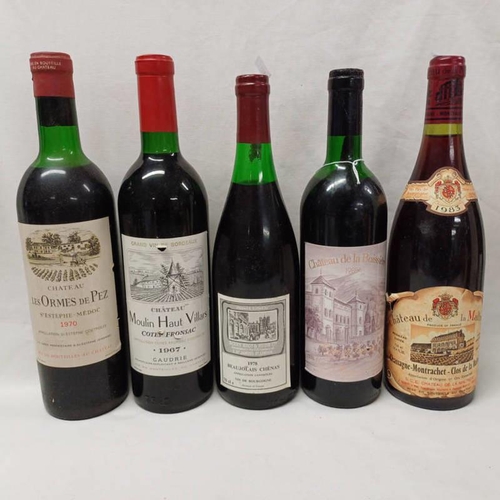 2088 - 5 BOTTLES OF WINE TO INCLUDE CHATEAU LES ORMES DE PEZ 1970, CHATEAU MOULIN HAUT VILLARS 1967 & 3 OTH... 