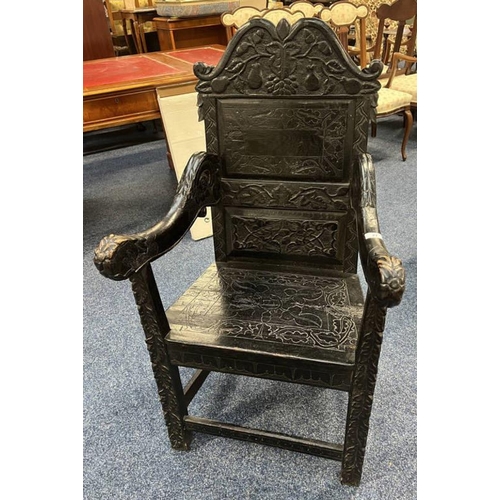 21 - 19TH CENTURY EBONISED HALL CHAIR WITH CARVED PANEL BACK & SEAT ON BLOCK SUPPORTS - 90CM TALL