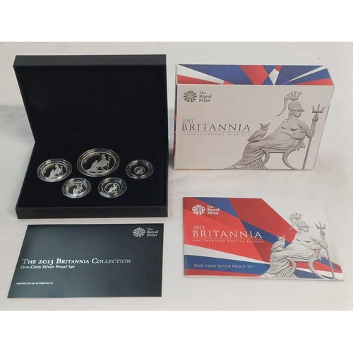 2106 - 2013 UK BRITANNIA COLLECTION FIVE-COIN SILVER PROOF SET, IN CASE OF ISSUE, WITH C.O.A.