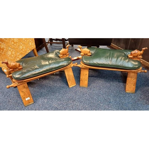 211 - PAIR OF EASTERN HARDWOOD CAMEL STOOLS WITH CARVED CAMEL DECORATION & DECORATIVE BRASS INLAY