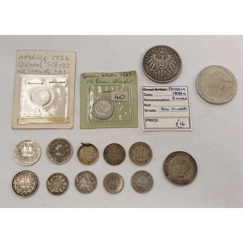 2127 - SELECTION OF GERMANY RELATED COINS TO INCLUDE 1848 GERMAN STATES 12 EISEN THALER, 1726 HAMBURG GERMA... 