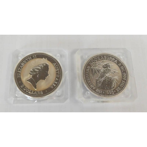 2158 - 2 X 1993 AUSTRALIA KOOKABURRA 2oz SILVER 2 DOLLARS COIN, BOTH ENCAPSULATED