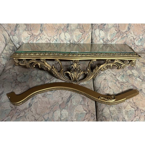 218 - DECORATIVE CARVED GILT CONSOLE TABLE WITH SHAPED TOP 73 CM WIDE