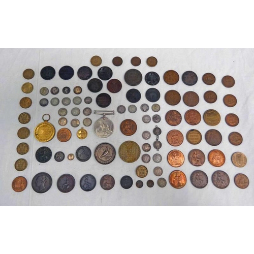 2181 - GOOD COLLECTION OF VARIOUS SILVER AND COPPER COINAGE, MEDALS AND TOKENS TO INCLUDE 1686 JAMES II MAU... 