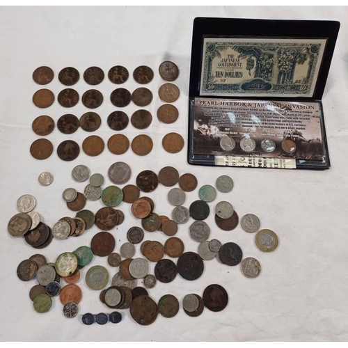 2185 - SELECTION OF VARIOUS WORLD COINAGE TO INCLUDE 1834 WILLIAM IV HALF CROWN, 1888 VICTORIA FOUR PENCE, ... 