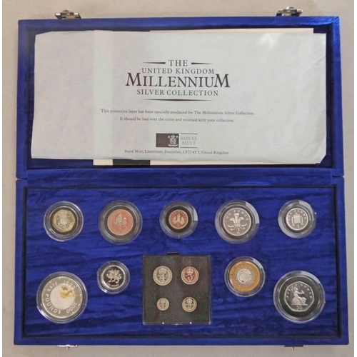 2196 - 2000 THE UK MILLENNIUM SILVER COLLECTION OF 13 SILVER PROOF COINS INCLUDING MAUNDY SET, IN CASE OF I... 