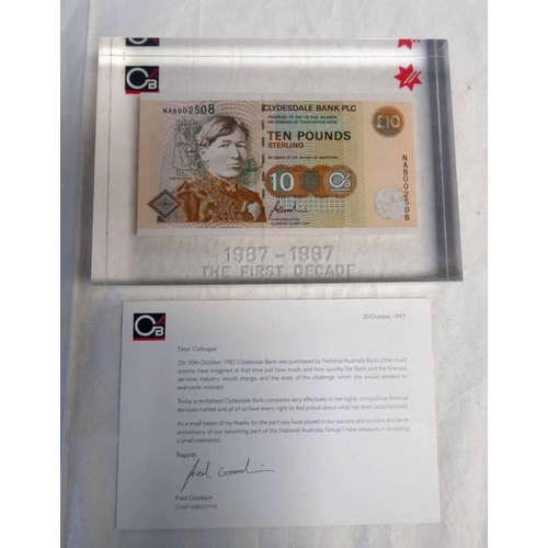 2199 - CLYDESDALE BANK PLC DISPLAY £10 NAB002508, THE FIRST DECADE 1987-1997 BANKNOTE, SLABBED, WITH PRESEN... 