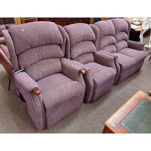 22 - PLUM FABRIC RECLINING 3 PIECE SUITE