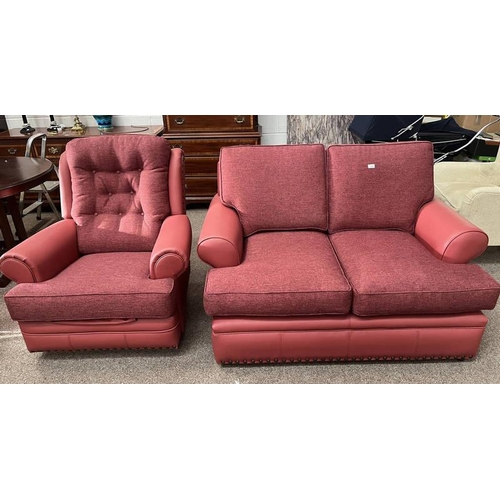 220 - RED LEATHER & FABRIC 2 PIECE LIVINGROOM SUITE