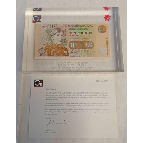 2202 - CLYDESDALE BANK PLC DISPLAY £10 NAB003917, THE FIRST DECADE 1987-1997 BANKNOTE, SLABBED, WITH PRESEN... 