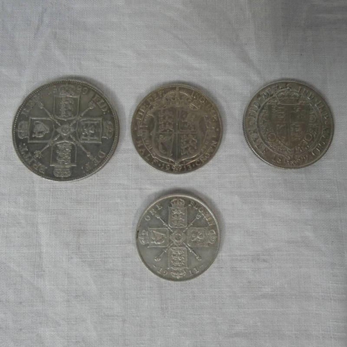 2205 - 4 X UK SILVER COINS TO INCLUDE 1889 VICTORIA DOUBLE FLORIN, 1899 VICTORIA HALF CROWN, 1913 GEORGE V ... 