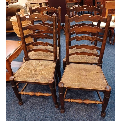 223 - SET OF 4 ELM LADDER BACK CHAIRS WITH RUSH SEATS