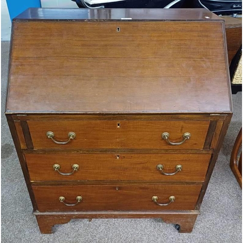 225 - MAHOGANY BUREAU WITH FALL FRONT OVER 3 DRAWERS ON BRACKET SUPPORTS, 96CM TALL X 75.5CM WIDE