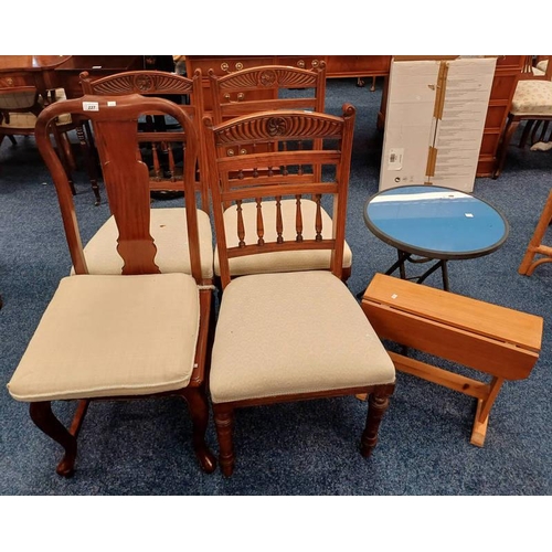 227 - SET OF 3 MAHOGANY HAND CHAIRS ON TURNED SUPPORTS, SMALL DROP LEAF TABLE, ETC