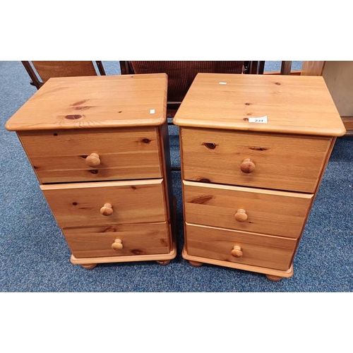 231 - PAIR OF PINE 3 DRAWER BEDSIDE CHESTS ON BUN FEET, 60.5CM TALL X 37CM WIDE