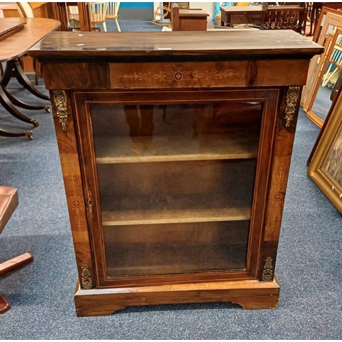 237 - 20TH CENTURY INLAID WALNUT DISPLAY CABINET WITH SINGLE GLAZED PANEL DOOR OPENING TO SHELVED INTERIOR... 