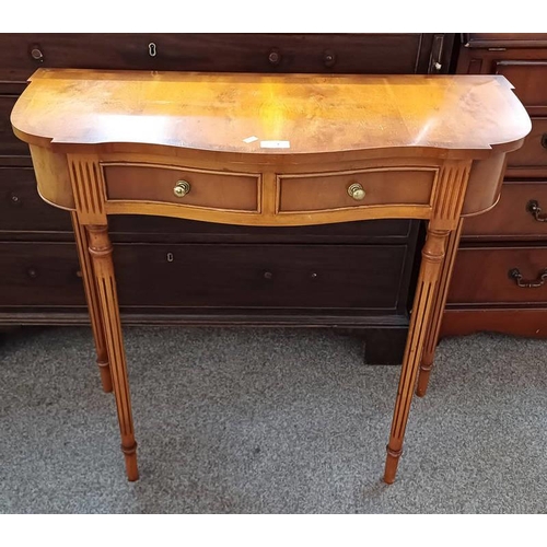 24 - YEW WOOD SIDE TABLE WITH SHAPED TOP & 2 DRAWERS ON REEDED SUPPORTS, 73CM TALL X 79.5CM WIDE