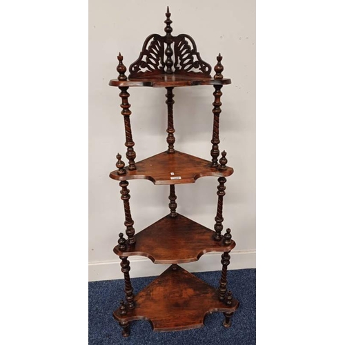 242 - MAHOGANY CORNER WHAT-NOT WITH 4 GRADUATED TIERS ON DECORATIVE TURNED SUPPORTS, 144.5CM TALL