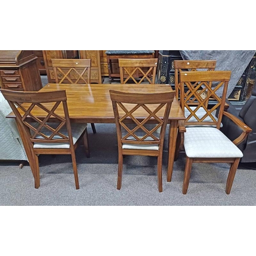 243 - MAHOGANY DINING TABLE ON SQUARE TAPERED SUPPORTS & SET OF 6 DINING CHAIRS INCLUDING 2 ARMCHAIRS. TAB... 