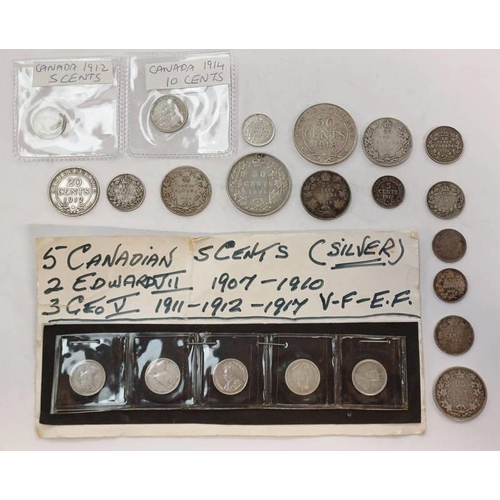 2445 - SELECTION OF CANADIAN PRE-1920 SILVER COINAGE TO INCLUDE 1870 50 CENTS (HOLED), 1894, 1910, 1917 & 1... 