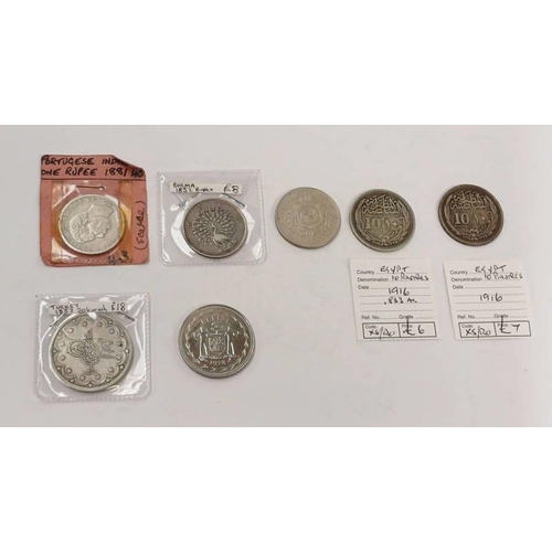 2449 - 7 X VARIOUS SILVER COINS TO INCLUDE TWO 1916 EGYPT 10 PIASTRES, 1853 TURKEY 20 KURUSH, 1852 BURMA RU... 