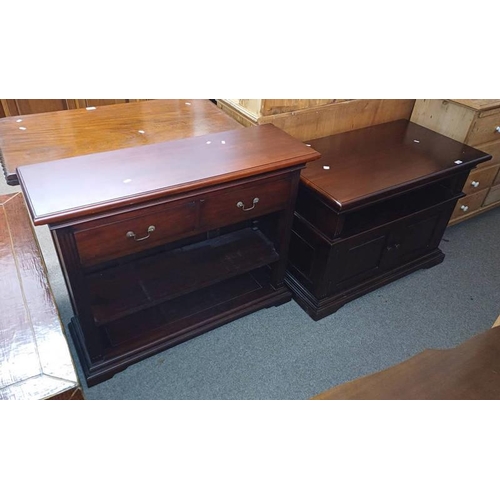 249 - HARDWOOD MEDIA UNIT WITH 2 PANEL DOORS & HARDWOOD BOOKCASE WITH 2 DRAWERS & OPEN SHELVES