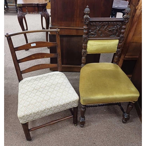 264 - LATE 19TH CENTURY OAK CHAIR WITH CARVED HUNTING SCENE DECORATION ON TURNED SUPPORTS AND MAHOGANY LAD... 