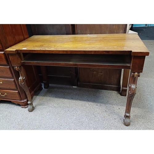 275 - 19TH CENTURY MAHOGANY SIDE TABLE ON DECORATIVE SHAPED SUPPORTS - AS FOUND, 125CM WIDE