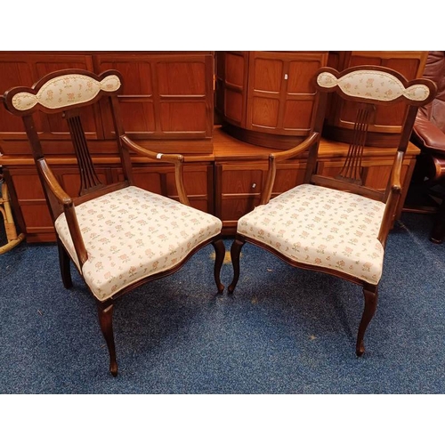 28 - PAIR OF EARLY 20TH CENTURY MAHOGANY ARMCHAIRS WITH PIERCED & SHAPED BACKS ON LONG CABRIOLE SUPPORTS