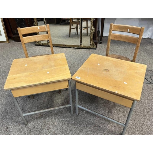 281 - PAIR OF METAL & OAK CHILDREN'S DESKS WITH LIFT TOPS & 2 CHILDS CHAIRS