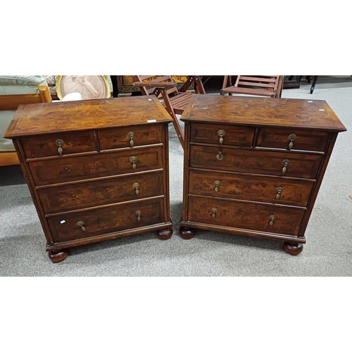 286 - PAIR OF WALNUT CHEST OF DRAWERS WITH 2 SHORT OVER 3 LONG GRADUATED DRAWERS, 74CM TALL X 68CM WIDE