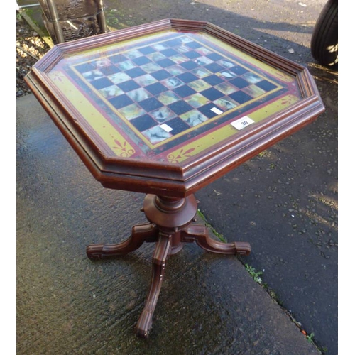 30 - MAHOGANY OCTAGONAL GAMES TABLE WITH GLASS INSET TOP ON CENTRE PEDESTAL WITH 4 SPREADING SUPPORTS.