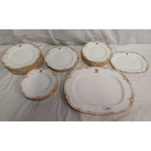 3002 - SELECTION OF 19TH CENTURY MINTON STYLE GILT BORDERED PLATES & ASHET WITH CREST