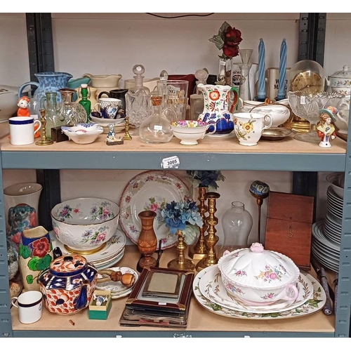 3005 - SELECTION OF CROWN STAFFORDSHIRE BOWLS, PAIR OF BRASS CANDLESTICKS, PICTURE FRAMES, WHISKY JUGS, ETC... 