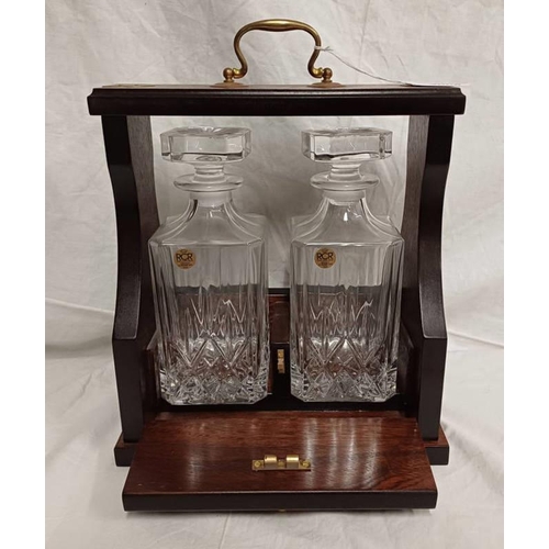 3008 - OAK TANTALUS WITH BRASS FIXTURES & 2 CUT GLASS DECANTERS