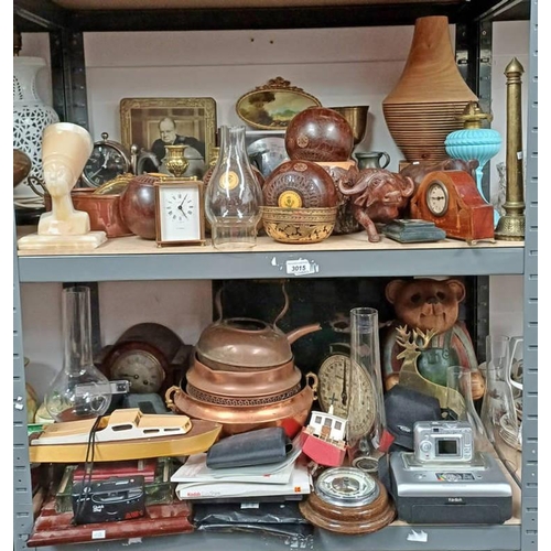 3015 - SET OF 4 HARDWOOD BOWLS WITH THISTLE DECORATION, VARIOUS CLOCKS, METALWARE, WOODEN CARVINGS, COPPER ... 