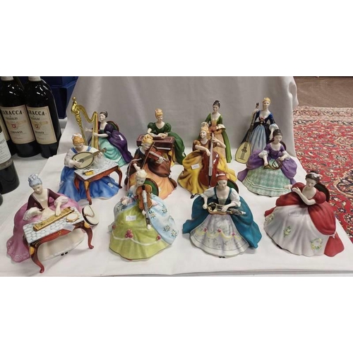 3016 - 12 ROYAL DOULTON MUSICAL FIGURES - VIOLA D'AMORE HN2797, DULCIMER HN2798, LUTE HN2431, HARP HN2482, ... 