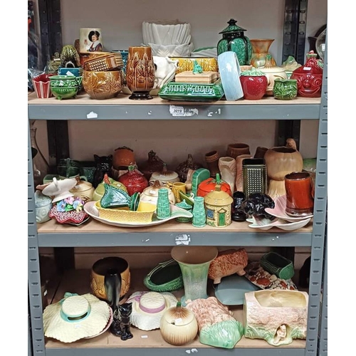 3019 - LARGE SELECTION OF SYLVAC WARE HATS, BOWLS, JUGS, ETC OVER 3 SHELVES