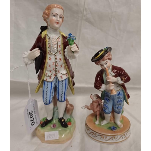 3020 - 2 DRESDEN PORCELAIN FIGURES; MAN HOLDING FLOWERS 18.5CM TALL, BOY WITH PIPE & DOG 13CM TALL