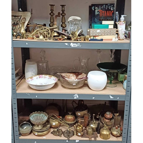 3023 - LARGE SELECTION OF BRASSWARE, ART GLASS, POSTAL SCALES, CRYSTAL, ETC OVER 3 SHELVES