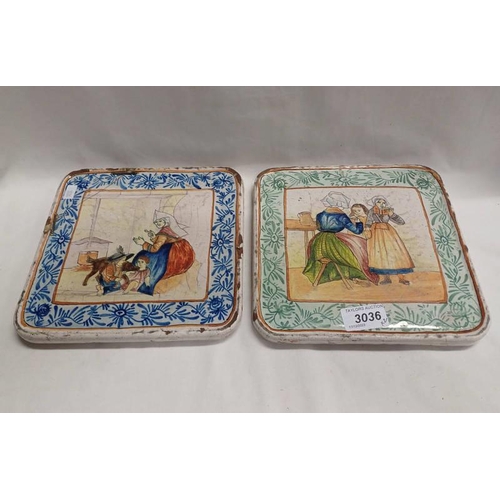 3036 - 2 FAIENCE TILES MARKED P B TO REVERSE, 20.5 X 20.5 CM