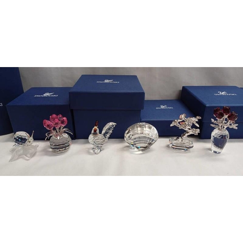 3038 - 6 BOXED SWAROVSKI CRYSTAL FIGURES; FLOWERS DREAM BONSAI, RED ROSES, ROSE TULIPS & SCALLOP, SNAIL & C... 