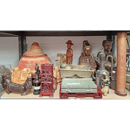 3044 - EXCELLENT SELECTION OF ORIENTAL WARE, CARVINGS, METAL WARE, ETC OVER 2 SHELF