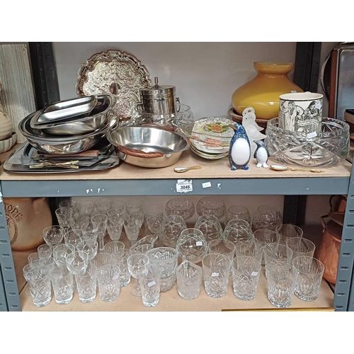 3046 - VARIOUS STAINLESS STEEL WARE, CUT GLASS & CRYSTAL, ETC OVER 2 SHELVES