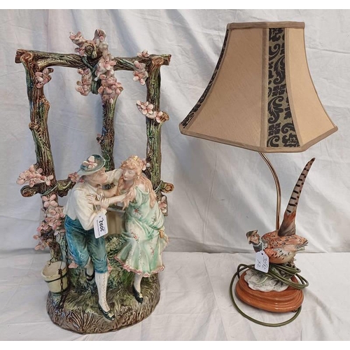 3092 - PHEASANT FIGURAL TABLE LAMP & CONTINENTAL PORCELAIN FIGURE GROUP OF COUPLE BY A WELL, 59CM TALL