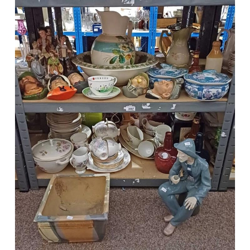 3097 - 5 BOSSONS HEADS, VARIOUS PORCELAIN FIGURES, PORCELAIN TEAWARE, WHISKY DECANTERS, ETC ON 2 SHELVES