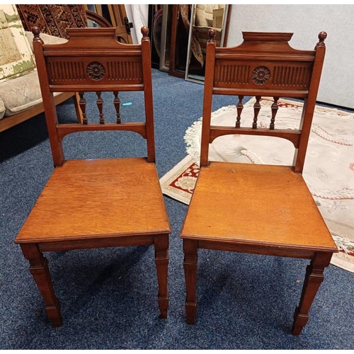 31 - PAIR OF 19TH CENTURY OAK HALL CHAIRS WITH CARVED DECORATION & PANEL SEATS ON SQUARED TAPERED SUPPORT... 