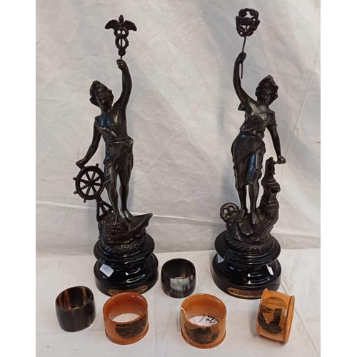 3347 - SET OF 3 MAUCHLINEWARE NAPKIN RINGS, 2 HORN NAPKIN RINGS, 2 METAL STATUE FIGURES NAMED LE COMMERCE &... 