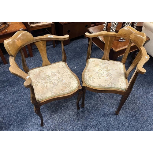 40 - LATE 19TH CENTURY INLAID MAHOGANY CORNER CHAIR ON SQUARE TAPERED SUPPORTS  & 1 OTHER SIMILAR CHAIR